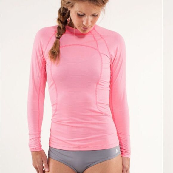 Lululemon one love wee stripe rash guard pink white back zip pocket 6 - Picture 1 of 8